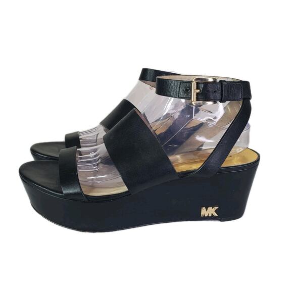 MICHAEL KORS POESY Black Wedge Leather Platform Ankle Strap Sandals Size 10 M - Picture 1 of 11